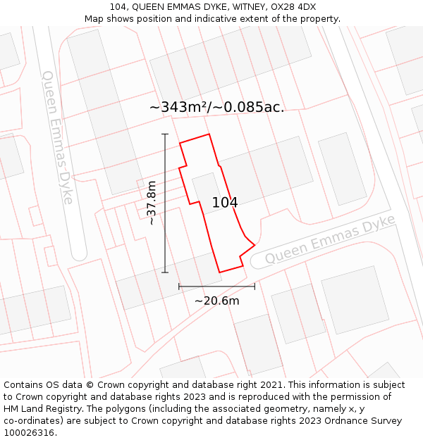 104, QUEEN EMMAS DYKE, WITNEY, OX28 4DX: Plot and title map