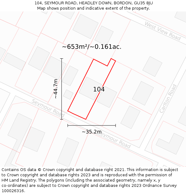 104, SEYMOUR ROAD, HEADLEY DOWN, BORDON, GU35 8JU: Plot and title map