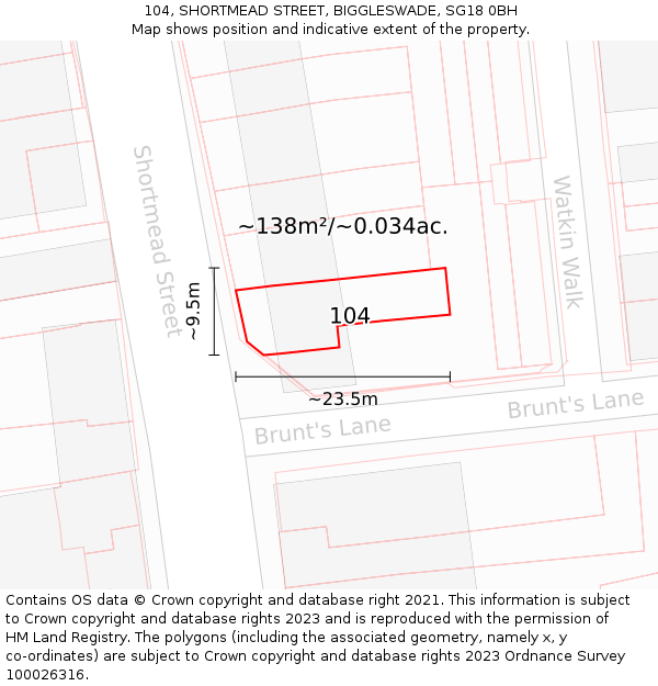 104, SHORTMEAD STREET, BIGGLESWADE, SG18 0BH: Plot and title map