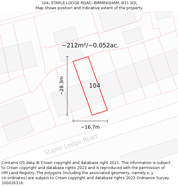 104, STAPLE LODGE ROAD, BIRMINGHAM, B31 3DL: Plot and title map