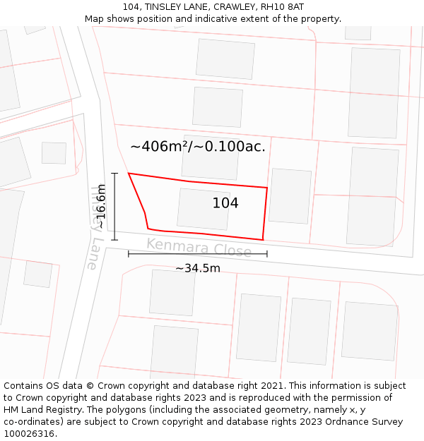 104, TINSLEY LANE, CRAWLEY, RH10 8AT: Plot and title map