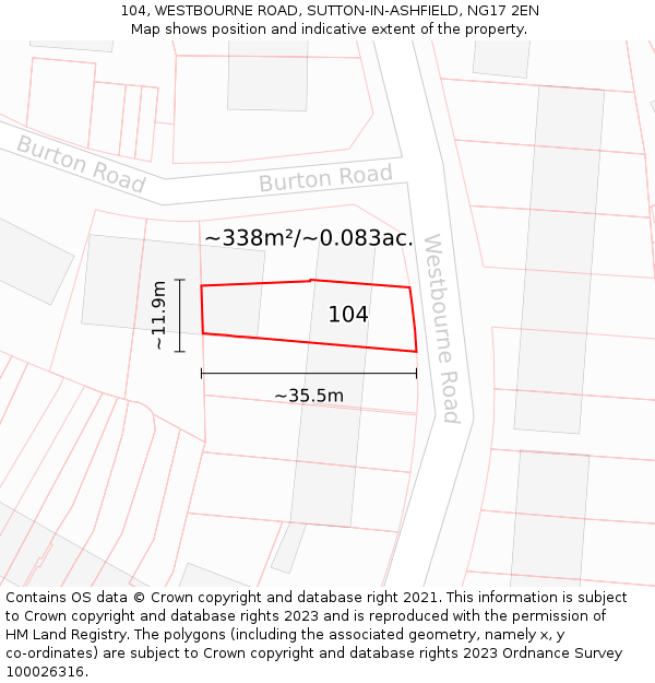 104, WESTBOURNE ROAD, SUTTON-IN-ASHFIELD, NG17 2EN: Plot and title map