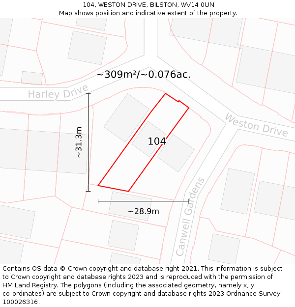 104, WESTON DRIVE, BILSTON, WV14 0UN: Plot and title map