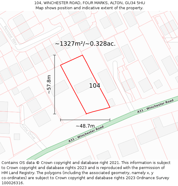 104, WINCHESTER ROAD, FOUR MARKS, ALTON, GU34 5HU: Plot and title map
