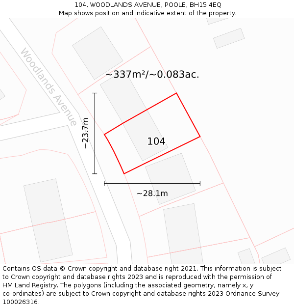 104, WOODLANDS AVENUE, POOLE, BH15 4EQ: Plot and title map