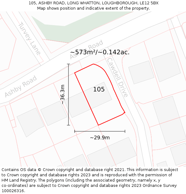 105, ASHBY ROAD, LONG WHATTON, LOUGHBOROUGH, LE12 5BX: Plot and title map