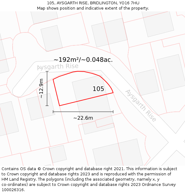 105, AYSGARTH RISE, BRIDLINGTON, YO16 7HU: Plot and title map