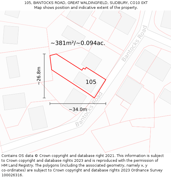 105, BANTOCKS ROAD, GREAT WALDINGFIELD, SUDBURY, CO10 0XT: Plot and title map