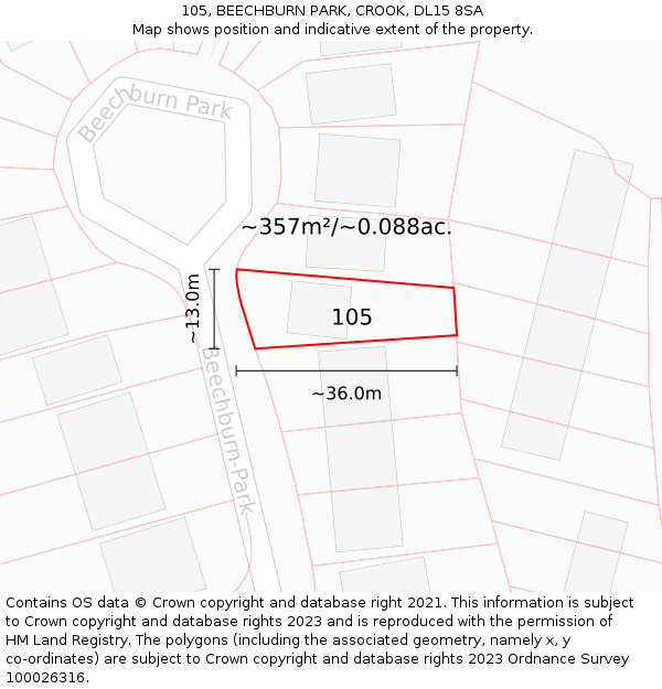 105, BEECHBURN PARK, CROOK, DL15 8SA: Plot and title map