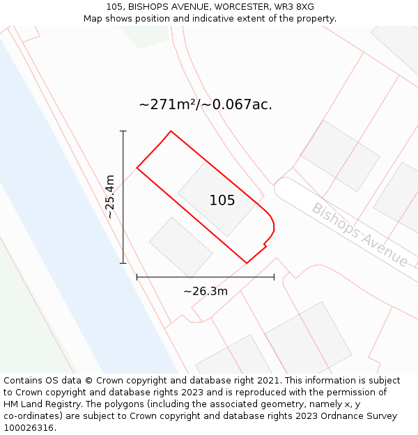 105, BISHOPS AVENUE, WORCESTER, WR3 8XG: Plot and title map