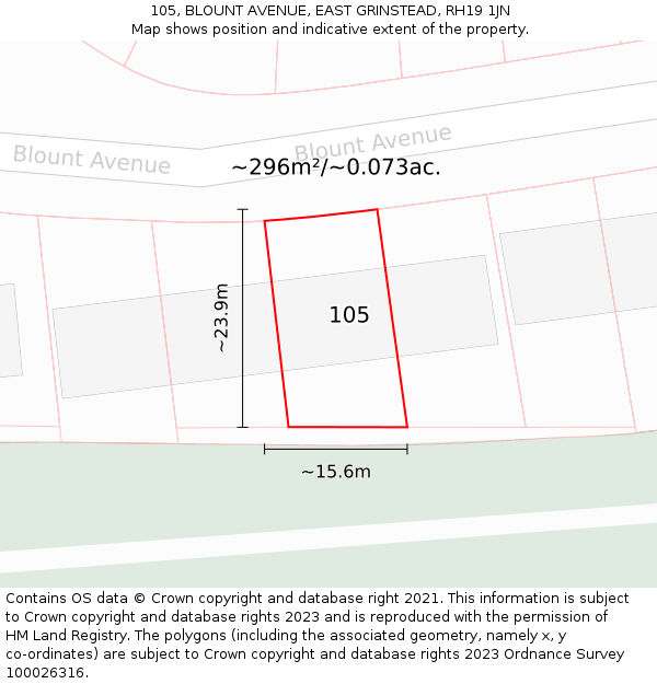 105, BLOUNT AVENUE, EAST GRINSTEAD, RH19 1JN: Plot and title map