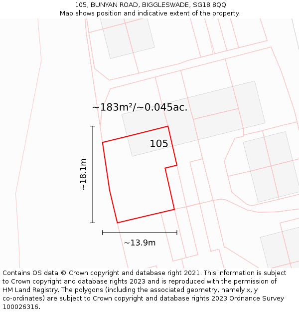 105, BUNYAN ROAD, BIGGLESWADE, SG18 8QQ: Plot and title map