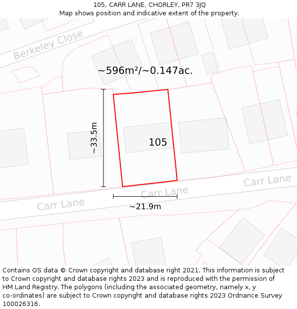 105, CARR LANE, CHORLEY, PR7 3JQ: Plot and title map