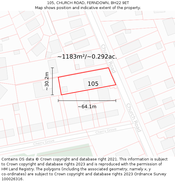 105, CHURCH ROAD, FERNDOWN, BH22 9ET: Plot and title map