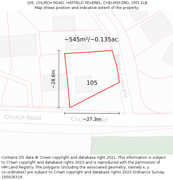 105, CHURCH ROAD, HATFIELD PEVEREL, CHELMSFORD, CM3 2LB: Plot and title map