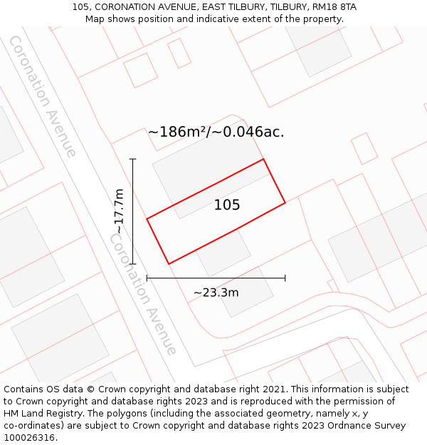 105, CORONATION AVENUE, EAST TILBURY, TILBURY, RM18 8TA: Plot and title map