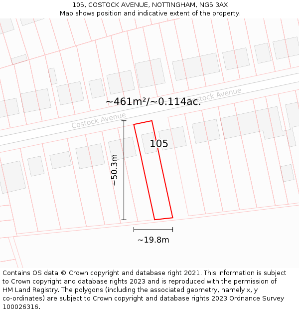 105, COSTOCK AVENUE, NOTTINGHAM, NG5 3AX: Plot and title map