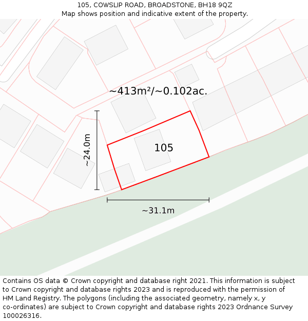 105, COWSLIP ROAD, BROADSTONE, BH18 9QZ: Plot and title map