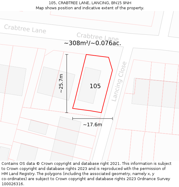 105, CRABTREE LANE, LANCING, BN15 9NH: Plot and title map
