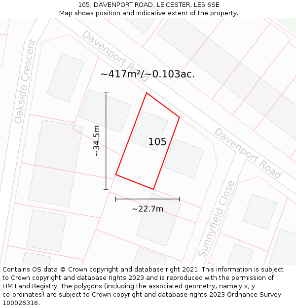 105, DAVENPORT ROAD, LEICESTER, LE5 6SE: Plot and title map