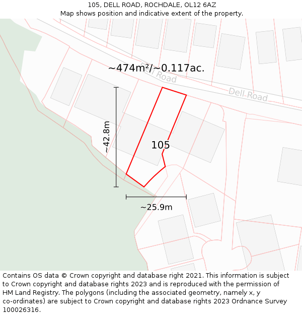 105, DELL ROAD, ROCHDALE, OL12 6AZ: Plot and title map