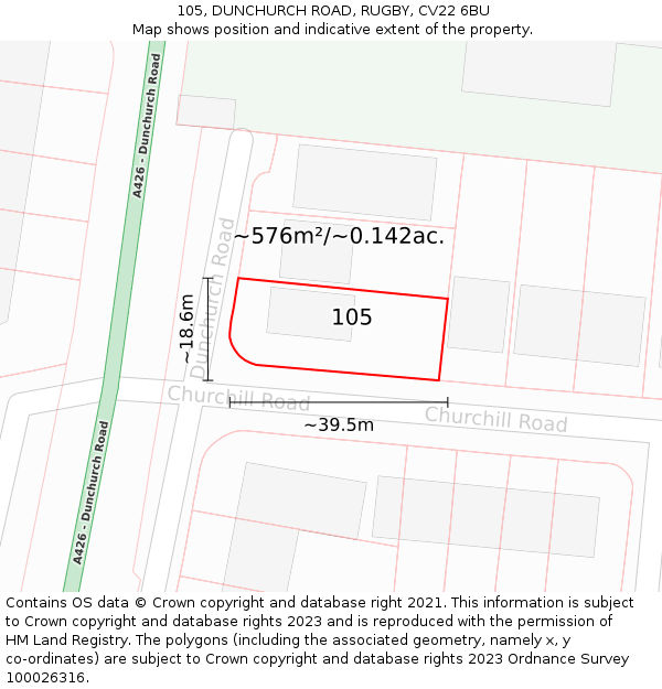 105, DUNCHURCH ROAD, RUGBY, CV22 6BU: Plot and title map