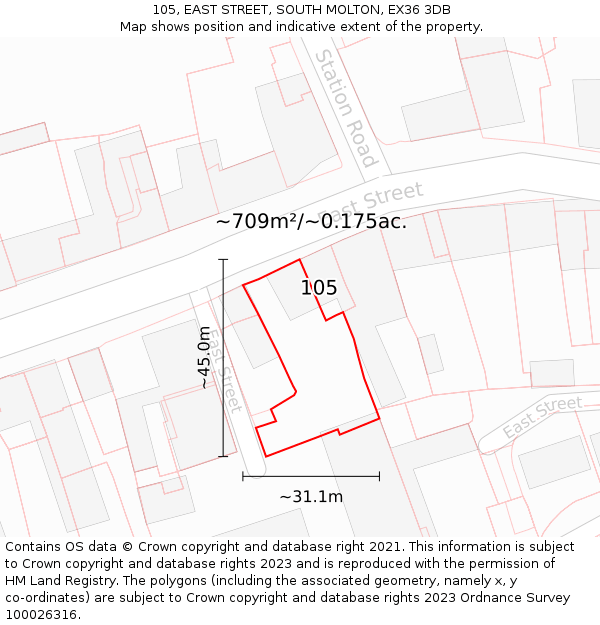 105, EAST STREET, SOUTH MOLTON, EX36 3DB: Plot and title map