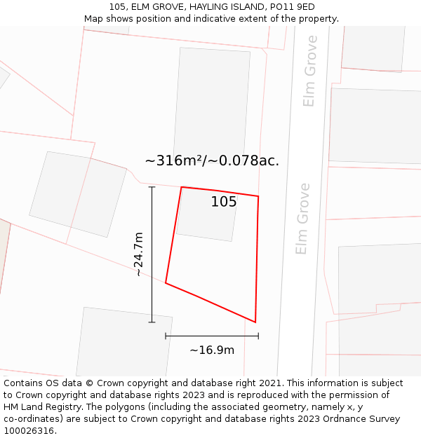 105, ELM GROVE, HAYLING ISLAND, PO11 9ED: Plot and title map