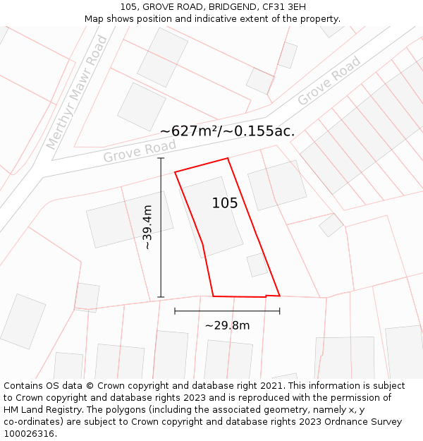 105, GROVE ROAD, BRIDGEND, CF31 3EH: Plot and title map