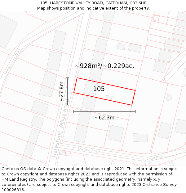 105, HARESTONE VALLEY ROAD, CATERHAM, CR3 6HR: Plot and title map