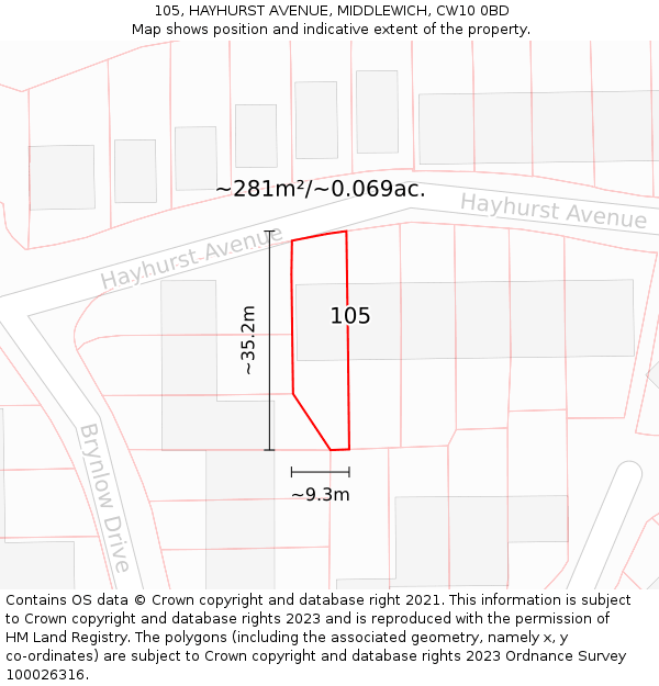 105, HAYHURST AVENUE, MIDDLEWICH, CW10 0BD: Plot and title map