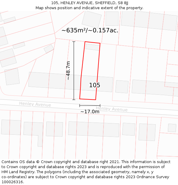 105, HENLEY AVENUE, SHEFFIELD, S8 8JJ: Plot and title map