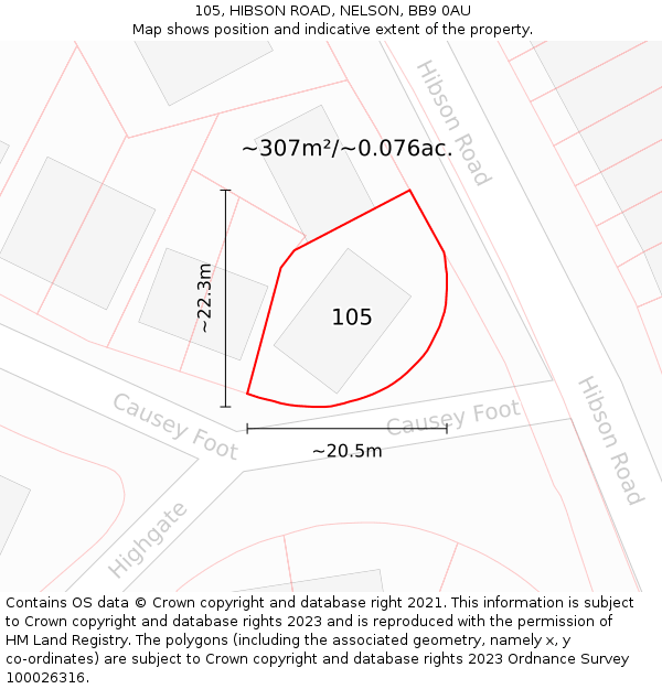 105, HIBSON ROAD, NELSON, BB9 0AU: Plot and title map