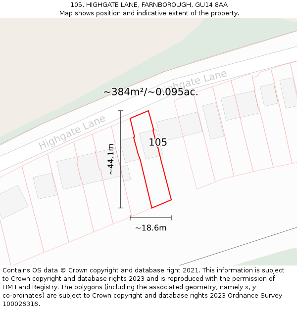 105, HIGHGATE LANE, FARNBOROUGH, GU14 8AA: Plot and title map