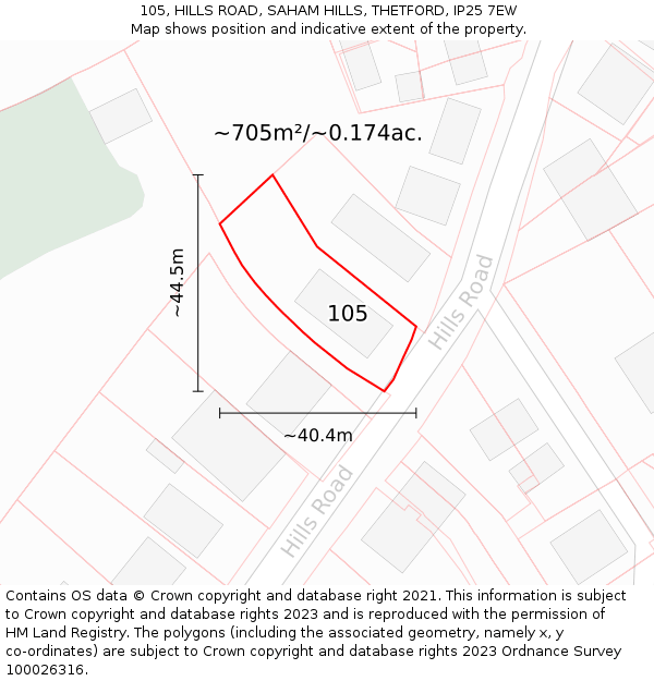 105, HILLS ROAD, SAHAM HILLS, THETFORD, IP25 7EW: Plot and title map