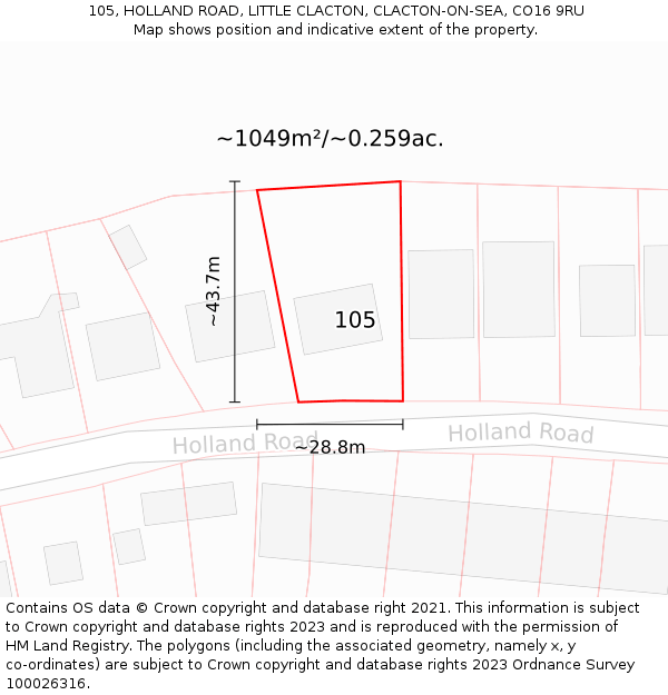 105, HOLLAND ROAD, LITTLE CLACTON, CLACTON-ON-SEA, CO16 9RU: Plot and title map