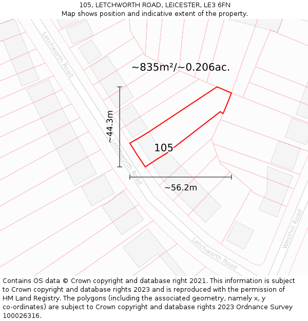 105, LETCHWORTH ROAD, LEICESTER, LE3 6FN: Plot and title map
