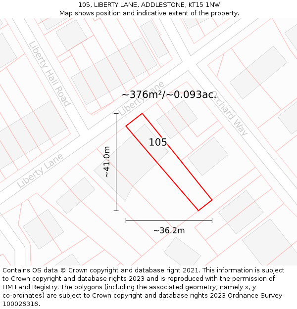 105, LIBERTY LANE, ADDLESTONE, KT15 1NW: Plot and title map