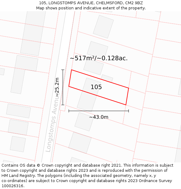 105, LONGSTOMPS AVENUE, CHELMSFORD, CM2 9BZ: Plot and title map