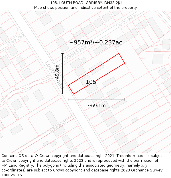 105, LOUTH ROAD, GRIMSBY, DN33 2JU: Plot and title map
