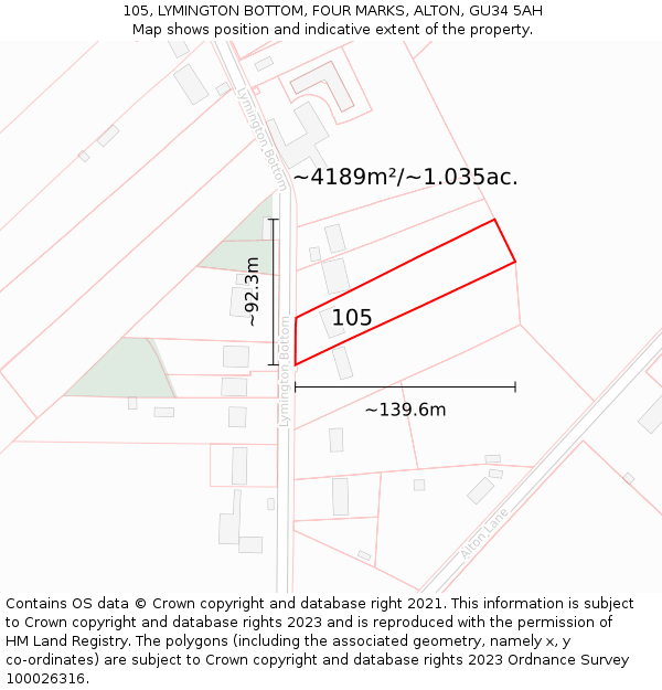 105, LYMINGTON BOTTOM, FOUR MARKS, ALTON, GU34 5AH: Plot and title map