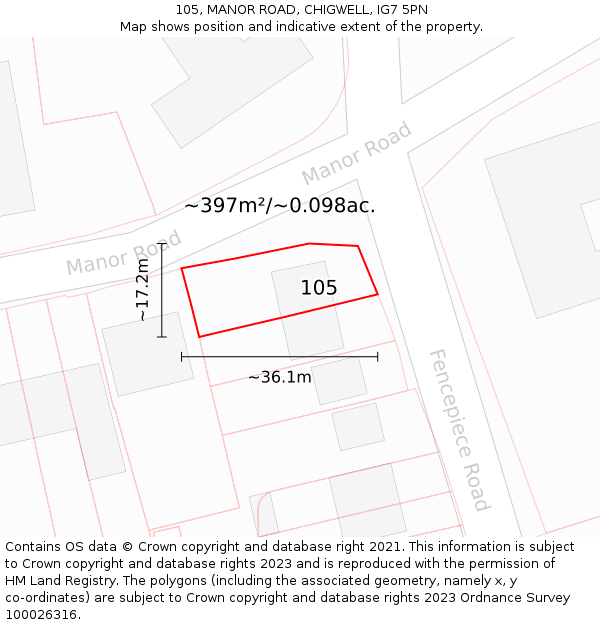 105, MANOR ROAD, CHIGWELL, IG7 5PN: Plot and title map