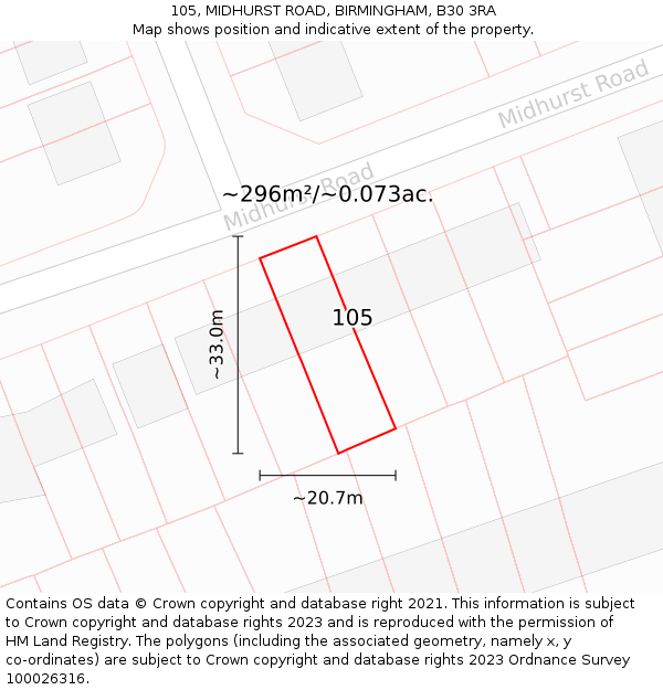 105, MIDHURST ROAD, BIRMINGHAM, B30 3RA: Plot and title map