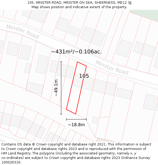 105, MINSTER ROAD, MINSTER ON SEA, SHEERNESS, ME12 3JJ: Plot and title map