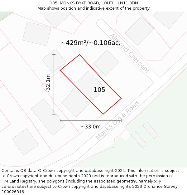 105, MONKS DYKE ROAD, LOUTH, LN11 8DN: Plot and title map