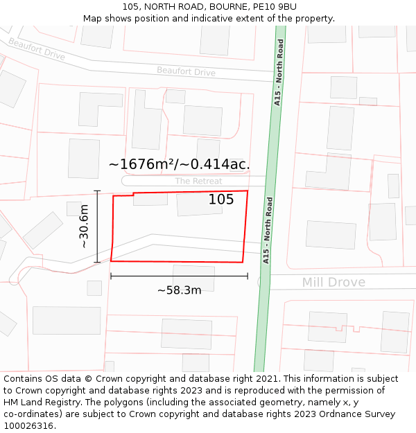 105, NORTH ROAD, BOURNE, PE10 9BU: Plot and title map