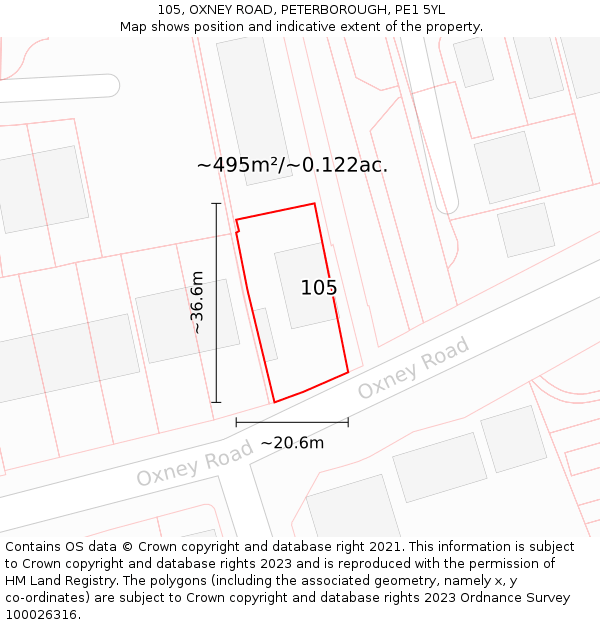 105, OXNEY ROAD, PETERBOROUGH, PE1 5YL: Plot and title map
