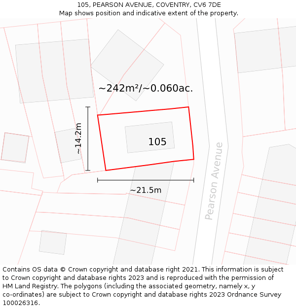 105, PEARSON AVENUE, COVENTRY, CV6 7DE: Plot and title map