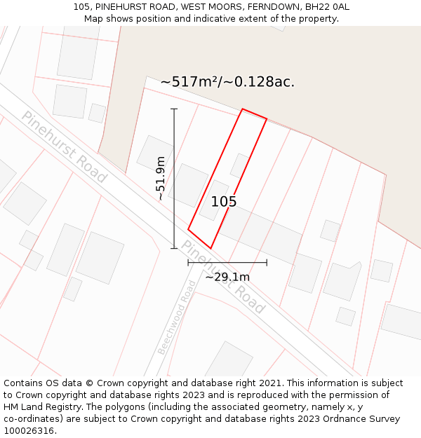 105, PINEHURST ROAD, WEST MOORS, FERNDOWN, BH22 0AL: Plot and title map