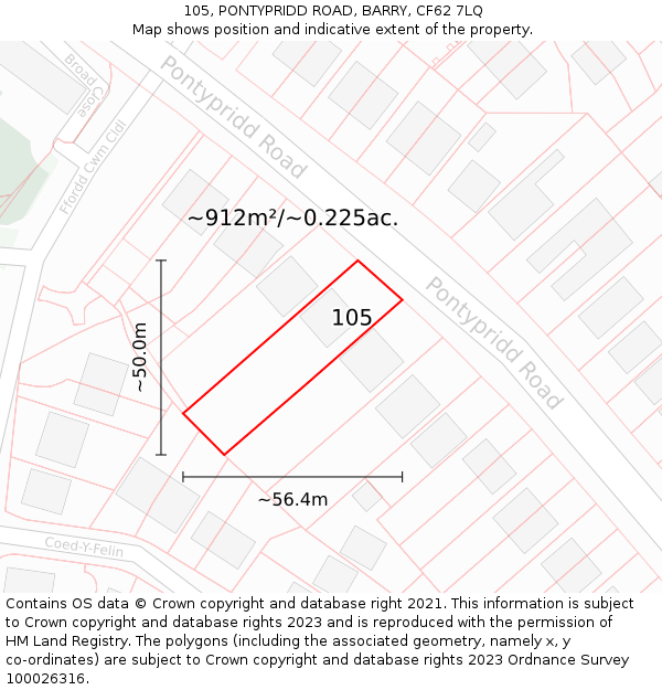 105, PONTYPRIDD ROAD, BARRY, CF62 7LQ: Plot and title map